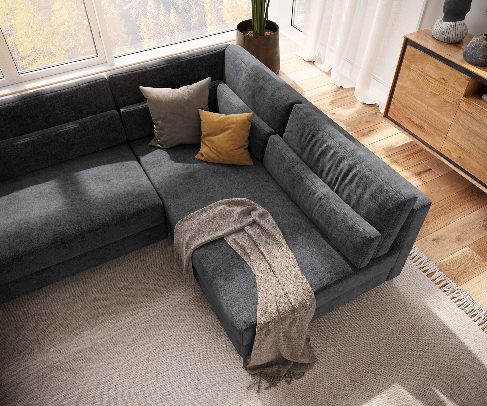 Canapé-panoramique Elio 300x185 cm microfibre graphite avec pouf 4