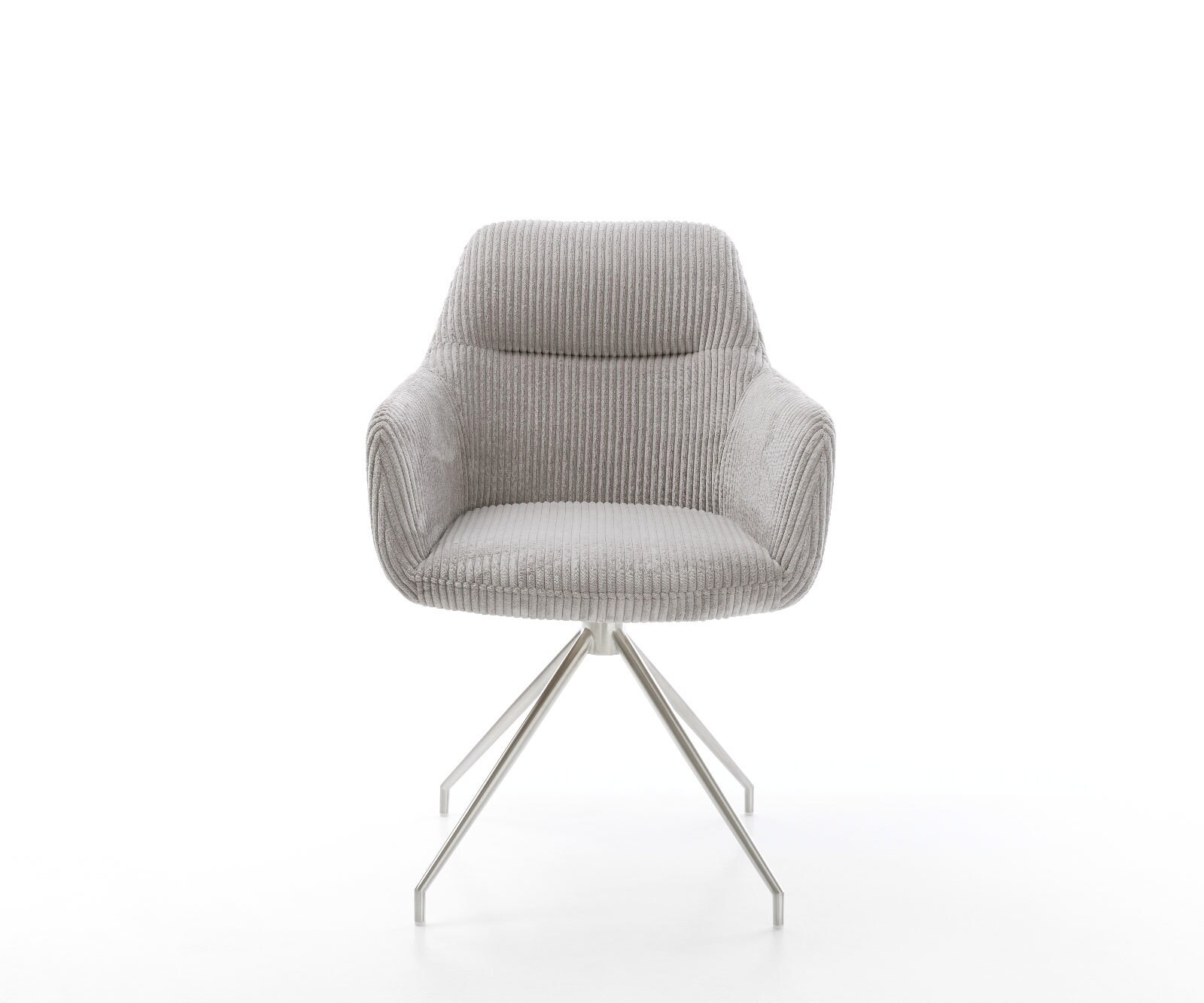 Chaise-de-salle-à-manger Pejo-Flex côtelé gris argenté pied croisé conique acier inoxydable brossé ressorts ensachés 2