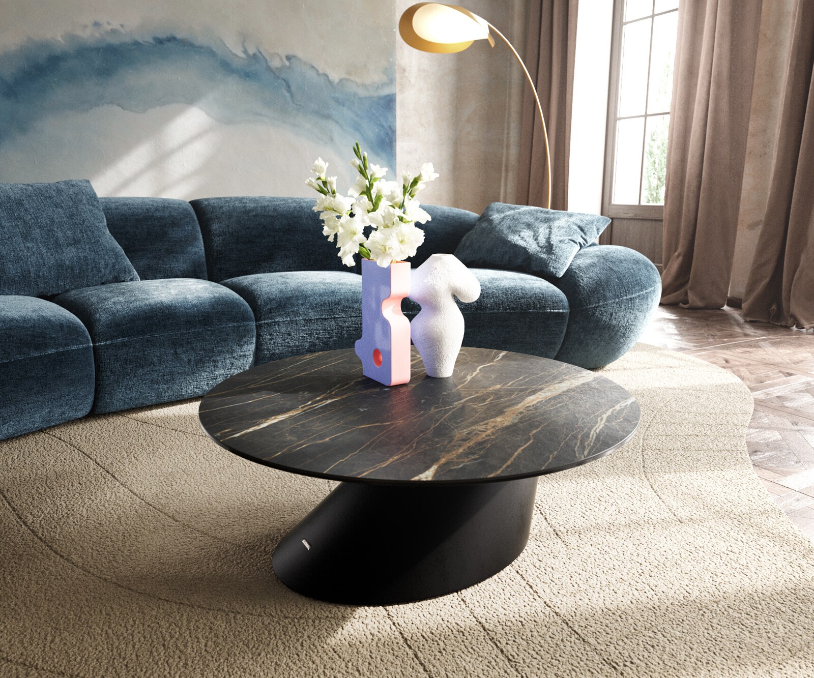 Table basse Edge rond 90x90 cm céramique Laminam® Noir Desir brun Conis métal noir 1