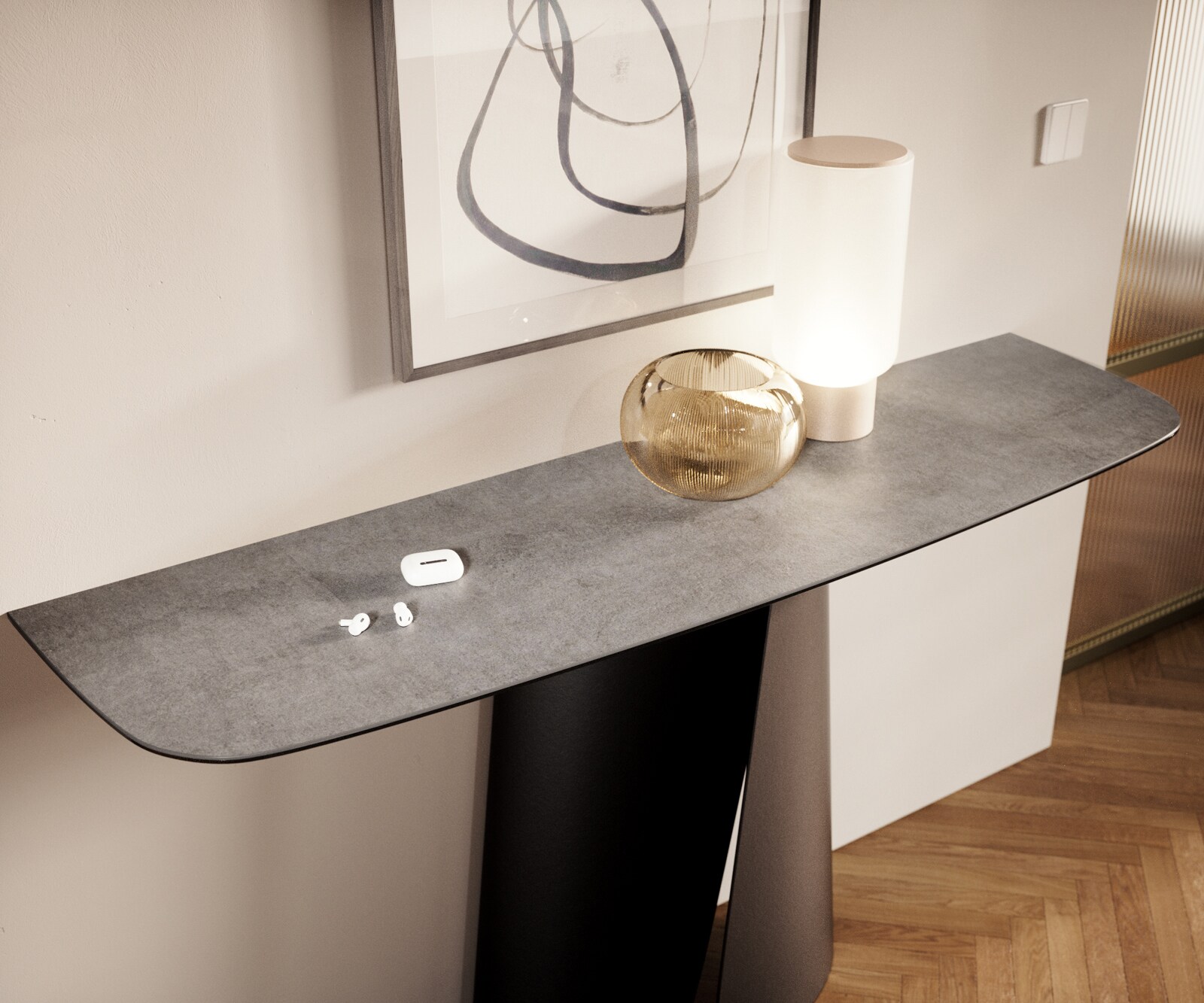 Console Edge forme bateau 140x40 cm Céramique Gris béton Livos Métal Noir 6