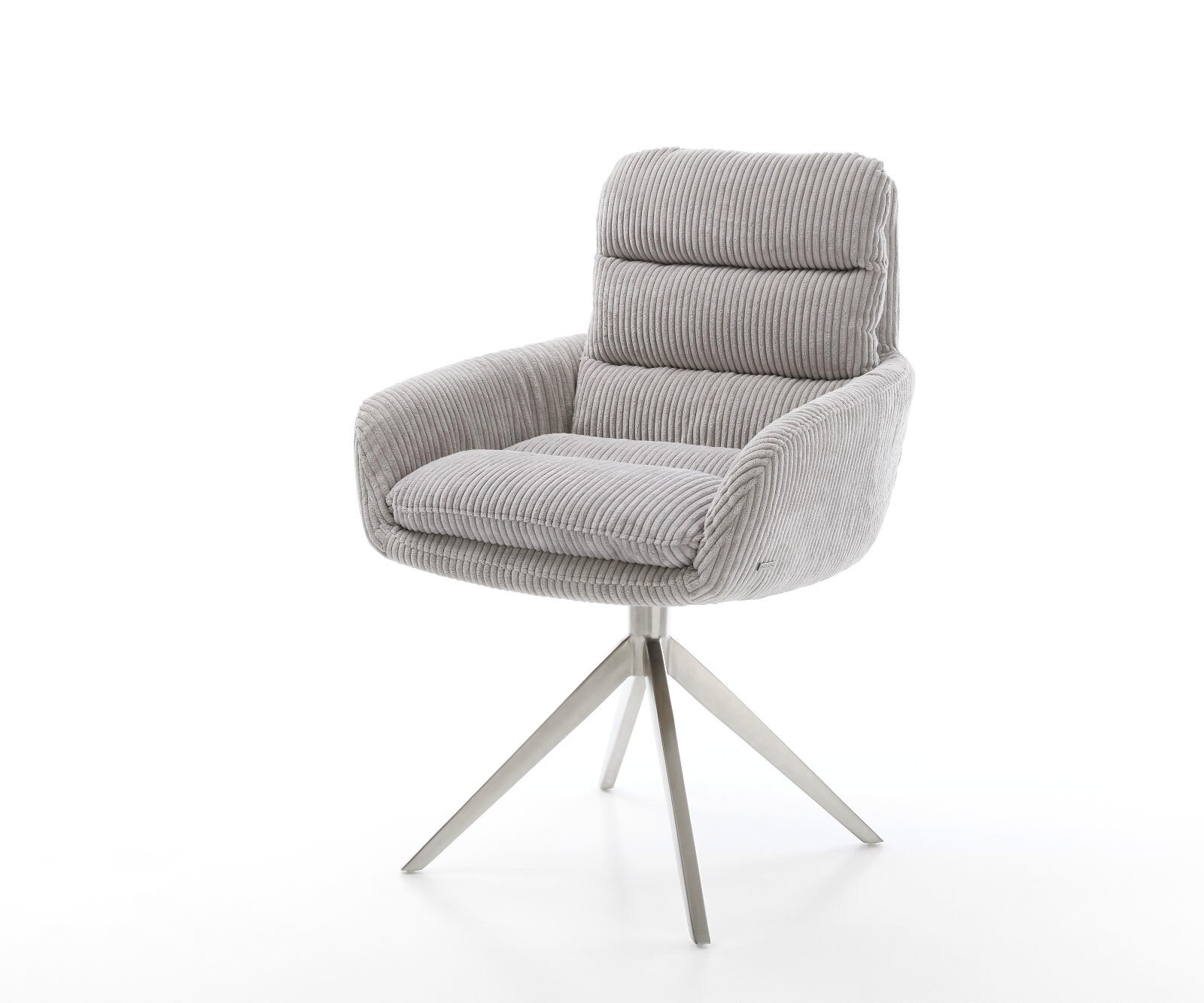 Chaise-de-salle-à-manger Abelia-Flex avec accoudoirs côtelé gris argenté pied croisé large acier inoxydable brossé