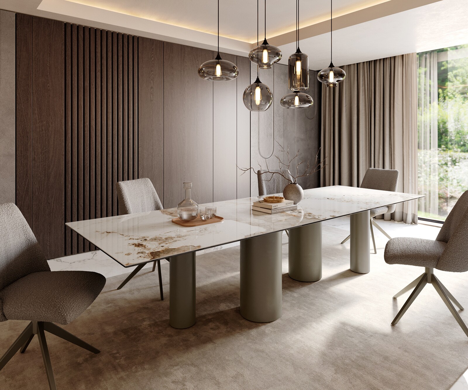 Table à manger Edge 300x100 Céramique Minas Melange Blanc-Beige Pilier Métal finition à effet Titane 1