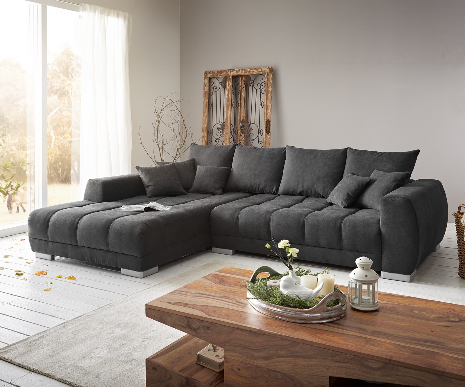 Canapé-panoramique Josea 300x220 cm microfibre noir recamière à gauche Canapé-panoramique Josea 300x220 cm microfibre noir recamière à gauche