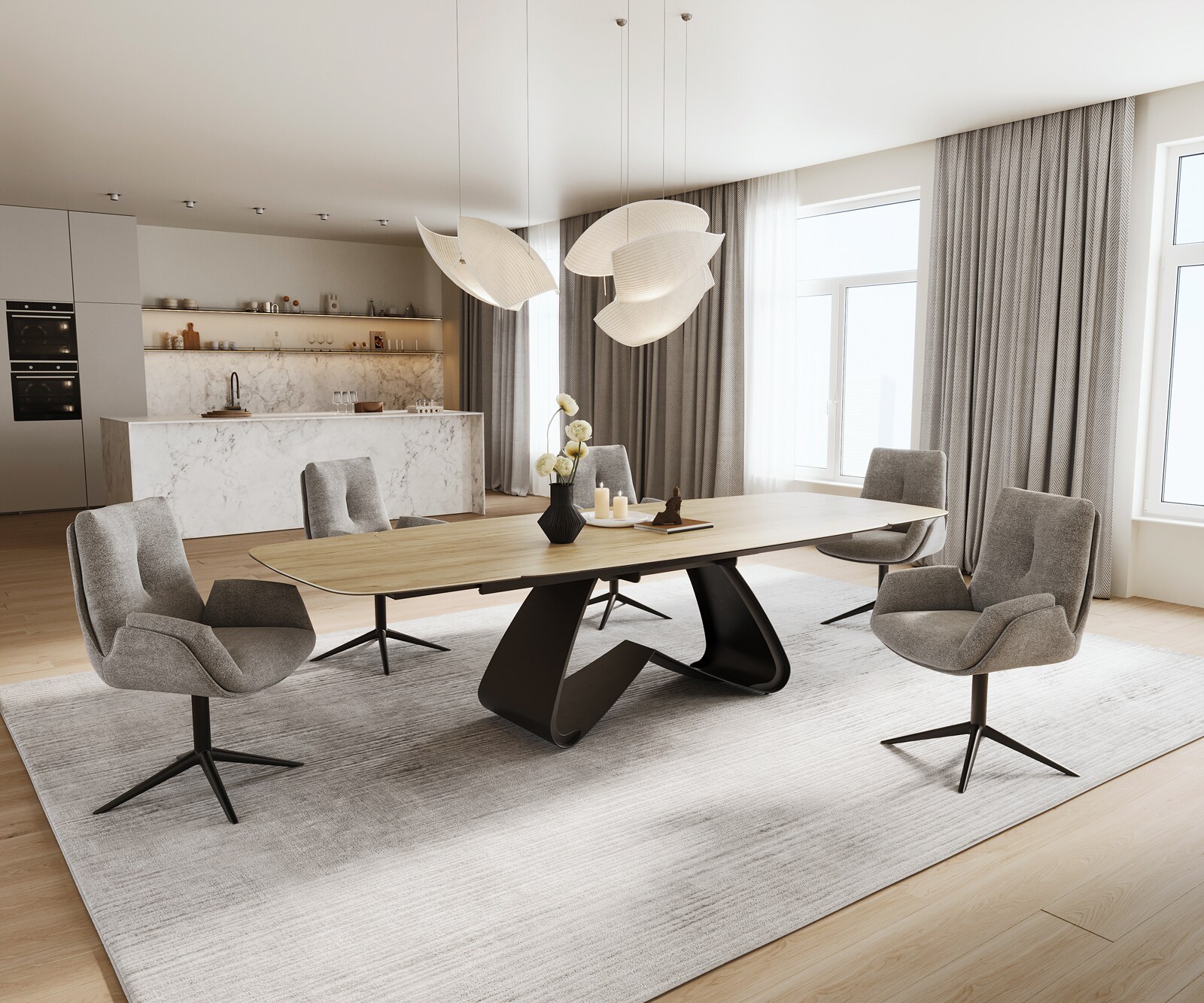Table à manger Edge Boot 200-300x120 cm Céramique Laminam® Sabbia Eichefarbig piètement en W Noir extensible 7