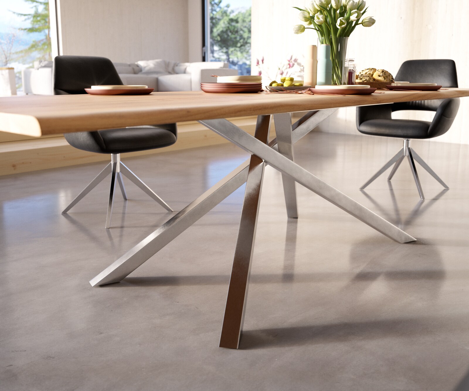 Table à manger Edge 260x100 Acacia Naturel Cadre croisé rectangle Acier inoxydable Live-Edge 4 Table à manger Edge 260x100 Acacia Naturel Cadre croisé rectangle Acier inoxydable Live-Edge 4