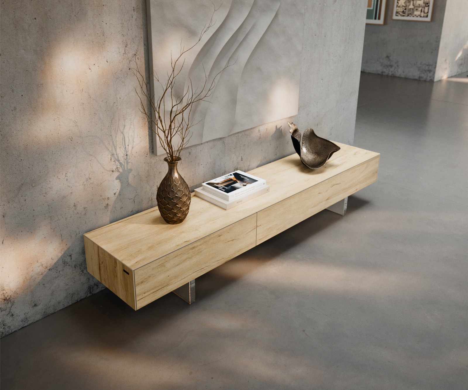 Meuble-TV Cuor 200 cm Céramique Laminam® Sabbia Teinte chêne 1 Clapet 1 Tiroir Pied optique flottant Verre acrylique 4