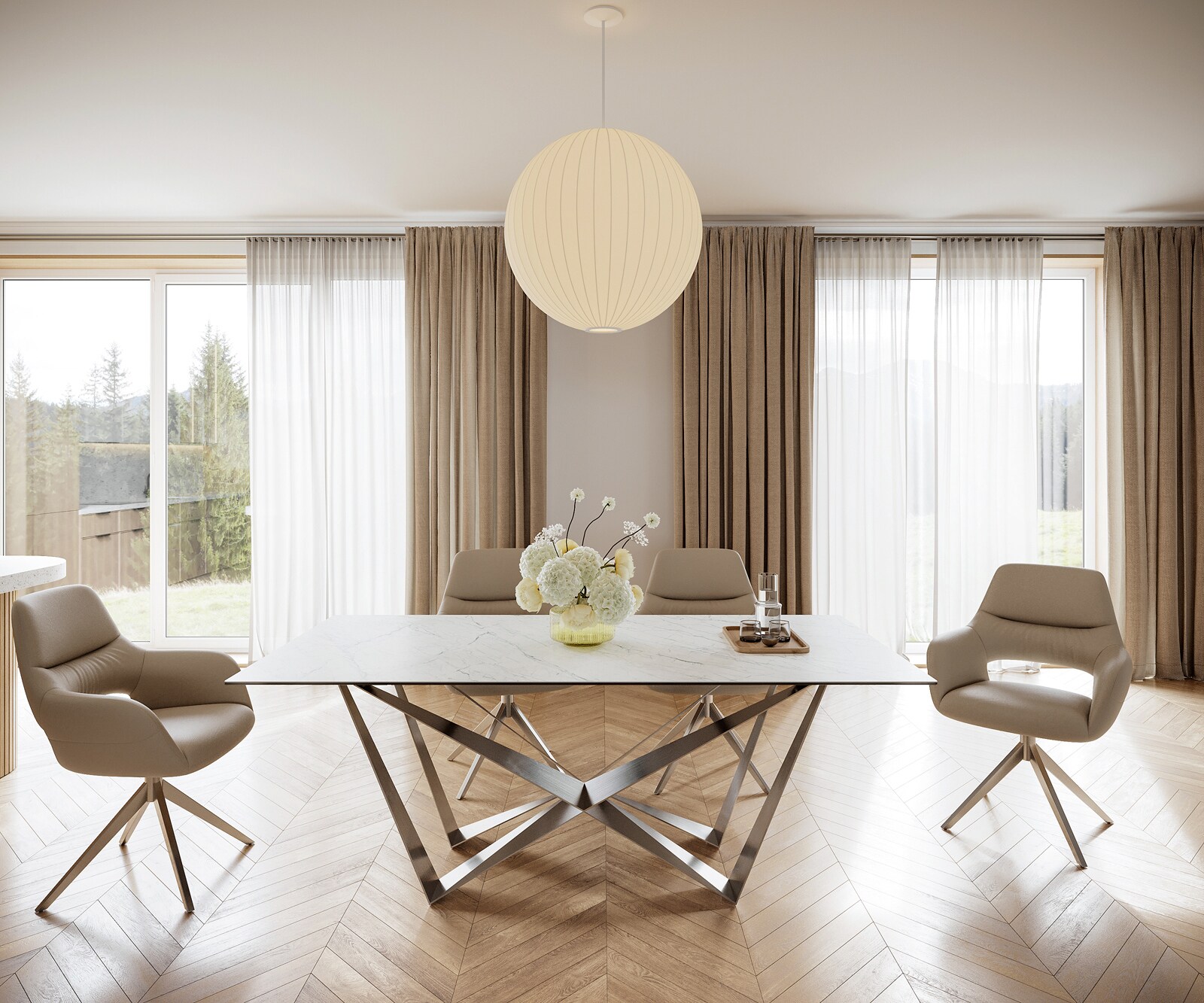 Table-à-manger Edge 200x100cm Laminam® céramique blanc pieds milieu acier plat argent 1