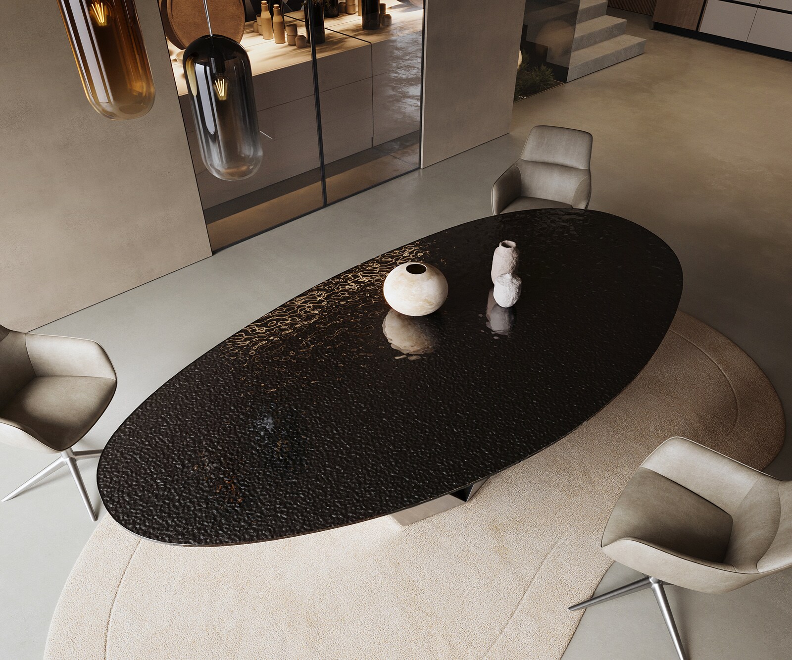 Table à manger Edge ovalee 280x130 verre en relief noir fumé 3D-Design Prisma métallique argent 4