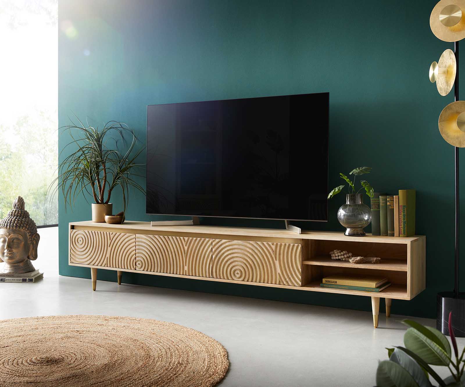 Meuble-TV Budaya 220 cm Mango naturel 3 portes pied conique Meuble-TV Budaya 220 cm Mango naturel 3 portes pied conique