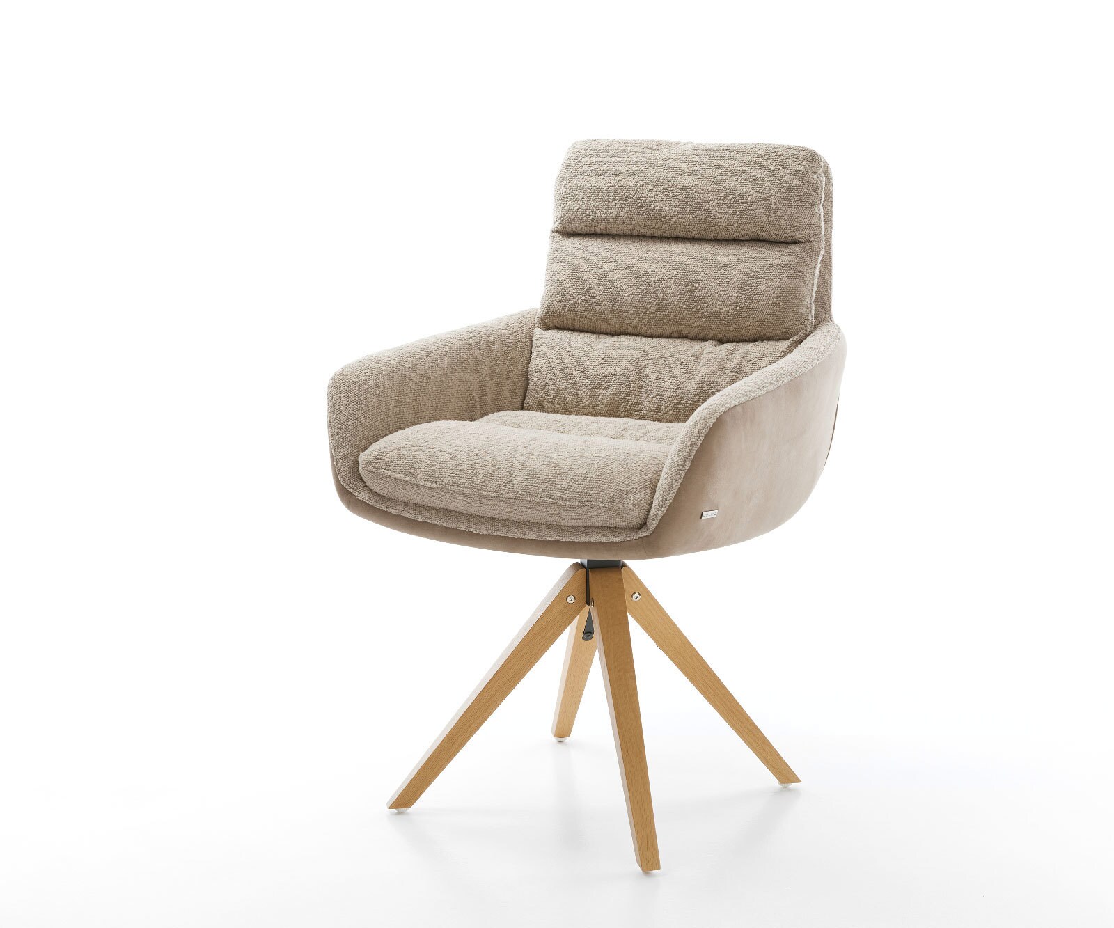 Chaise-pivotante Abelia-Flex avec accoudoirs tissu mixte couleur boue pied en bois angulaire blanc pivotement sur 180°