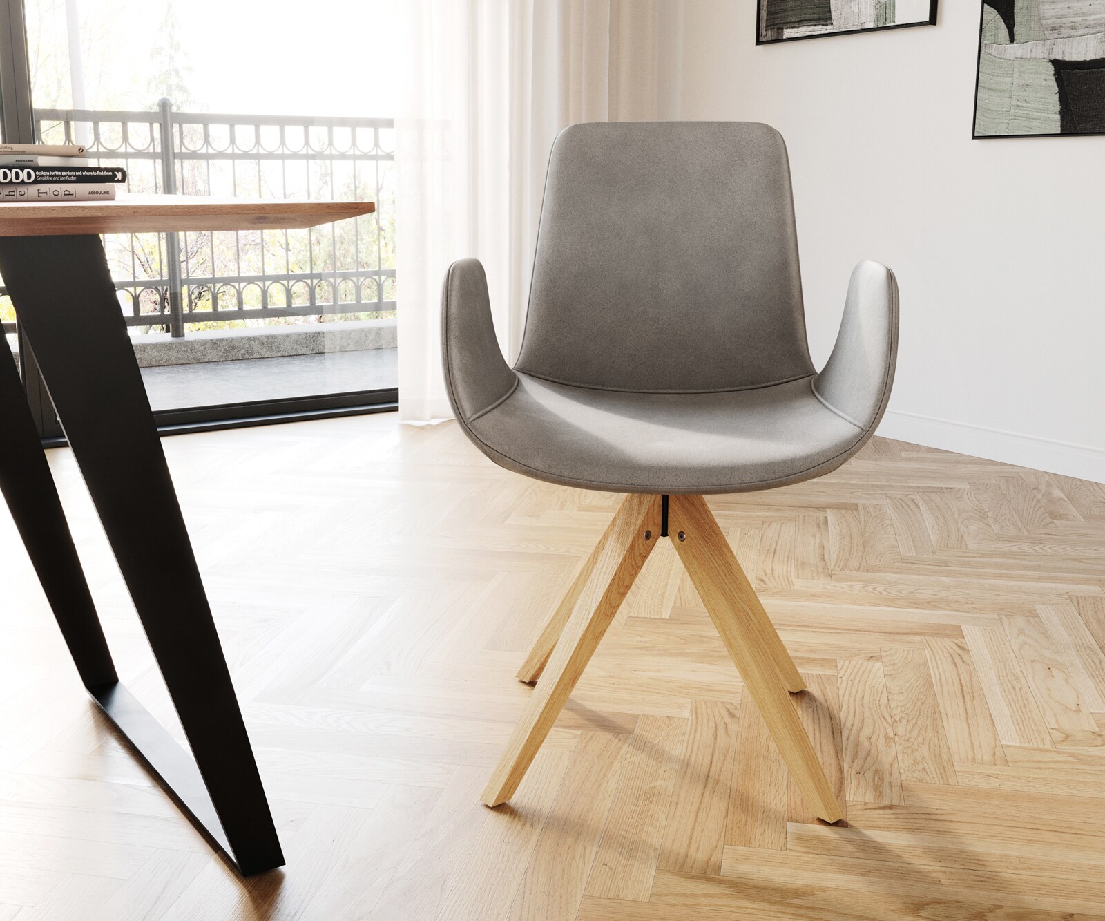 Chaise-de-salle-à-manger Ilia-Flex avec accoudoirs velours gris pied en bois anguleux naturel 1 Chaise-de-salle-à-manger Ilia-Flex avec accoudoirs velours gris pied en bois anguleux naturel 1