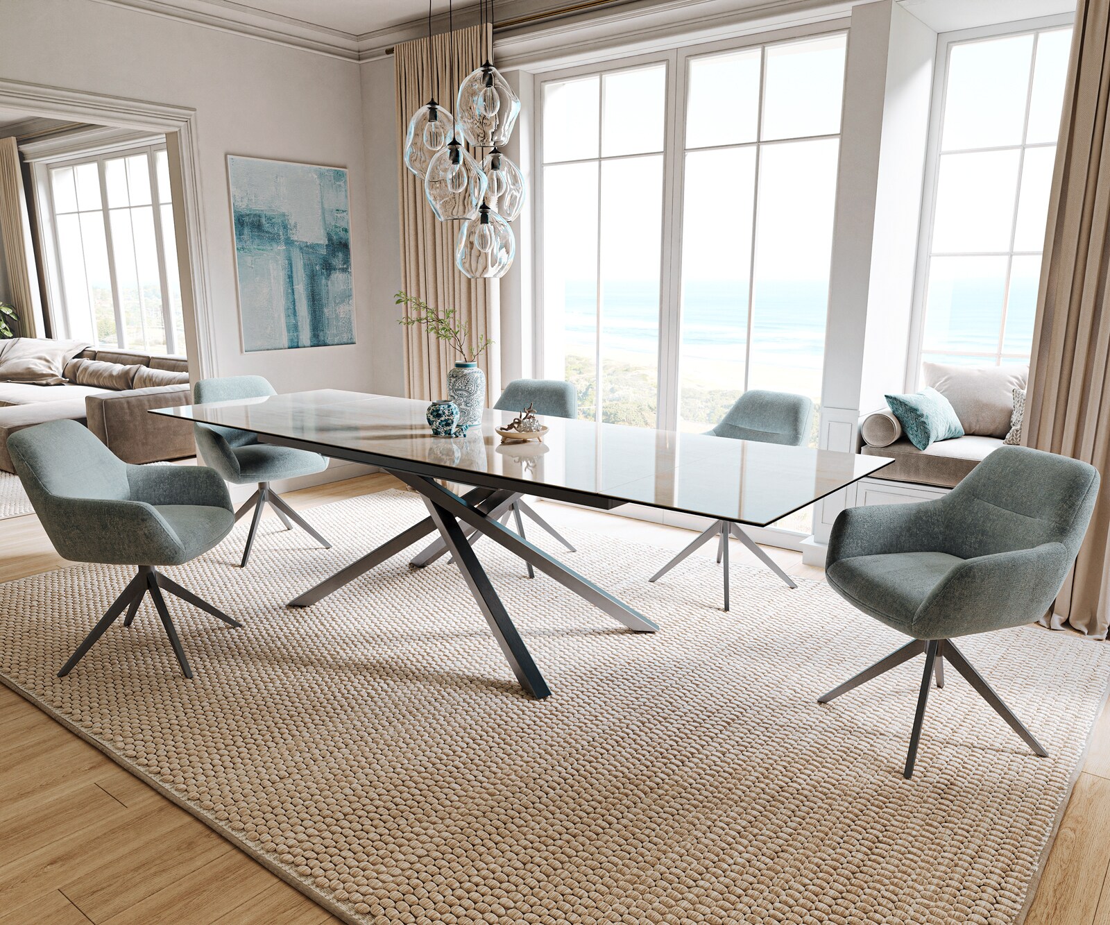 Table à manger extensible Edge 200-300x100 cm céramique Onyx Champagne piètement croisé rectangulaire inox graphite 7