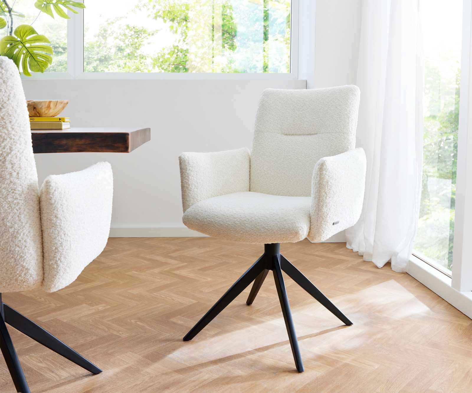 Chaise-pivotante Jova-Flex avec accoudoirs bouclé blanc pied croisé large noir pivotement sur 360° ressorts ensachés