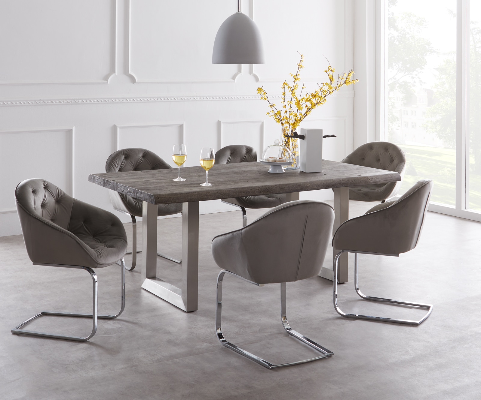 Table-à-manger Edge 180x90 XL acacia platine acier inoxydable large Live-Edge Table-à-manger Edge 180x90 XL acacia platine acier inoxydable large Live-Edge