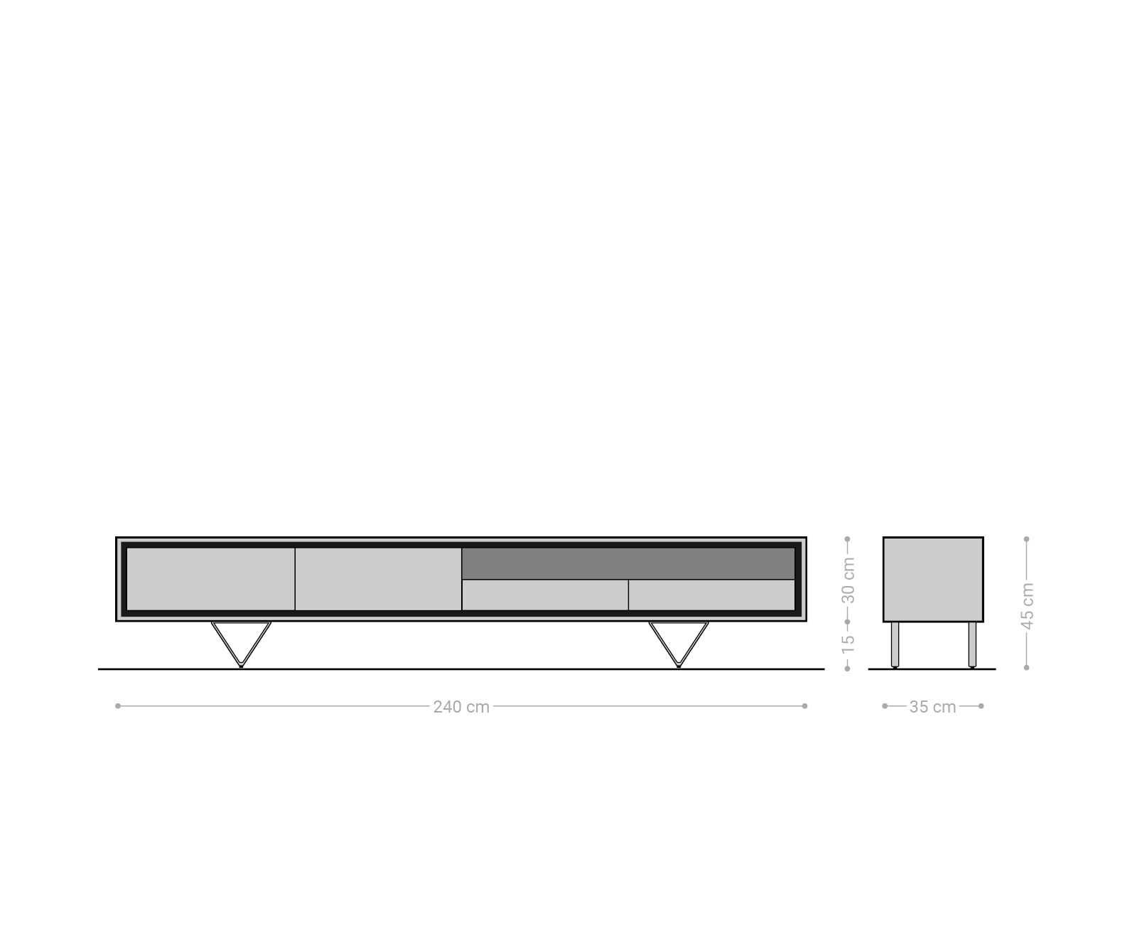 Buffet bas Stonegrace 240 cm acacia nature 2 portes 1 compartiment 2 tiroirs placage en pierre pieds en V 6
