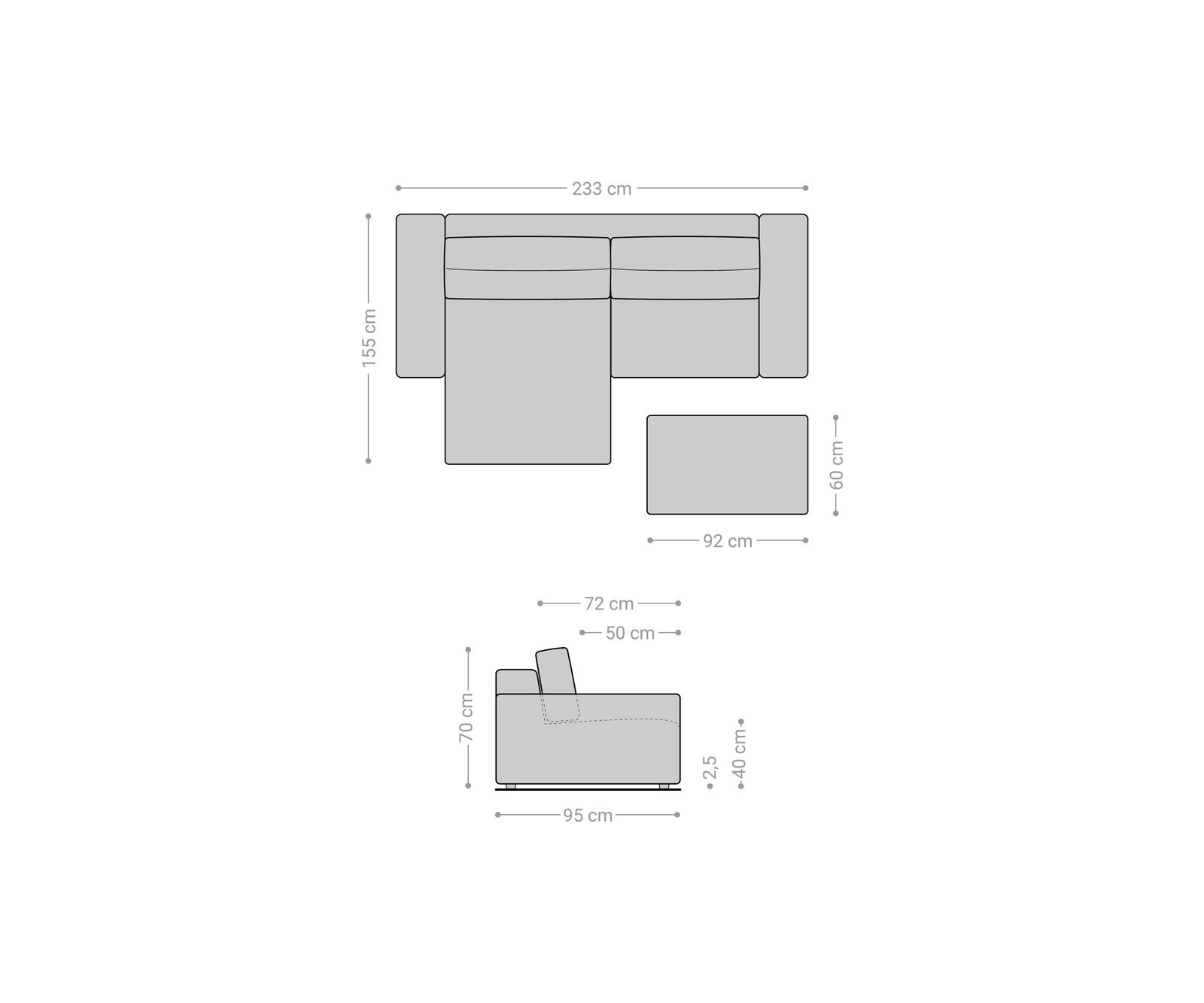 Canapé d’angle Lanzo 230x155 cm microfibre noir méridienne réversible avec pouf 7