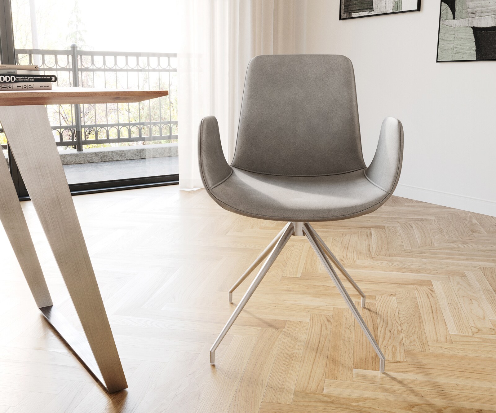 Chaise-de-salle-à-manger Ilia-Flex avec accoudoirs velours gris pied croisé conique acier inoxydable brossé 1 Chaise-de-salle-à-manger Ilia-Flex avec accoudoirs velours gris pied croisé conique acier inoxydable brossé 1