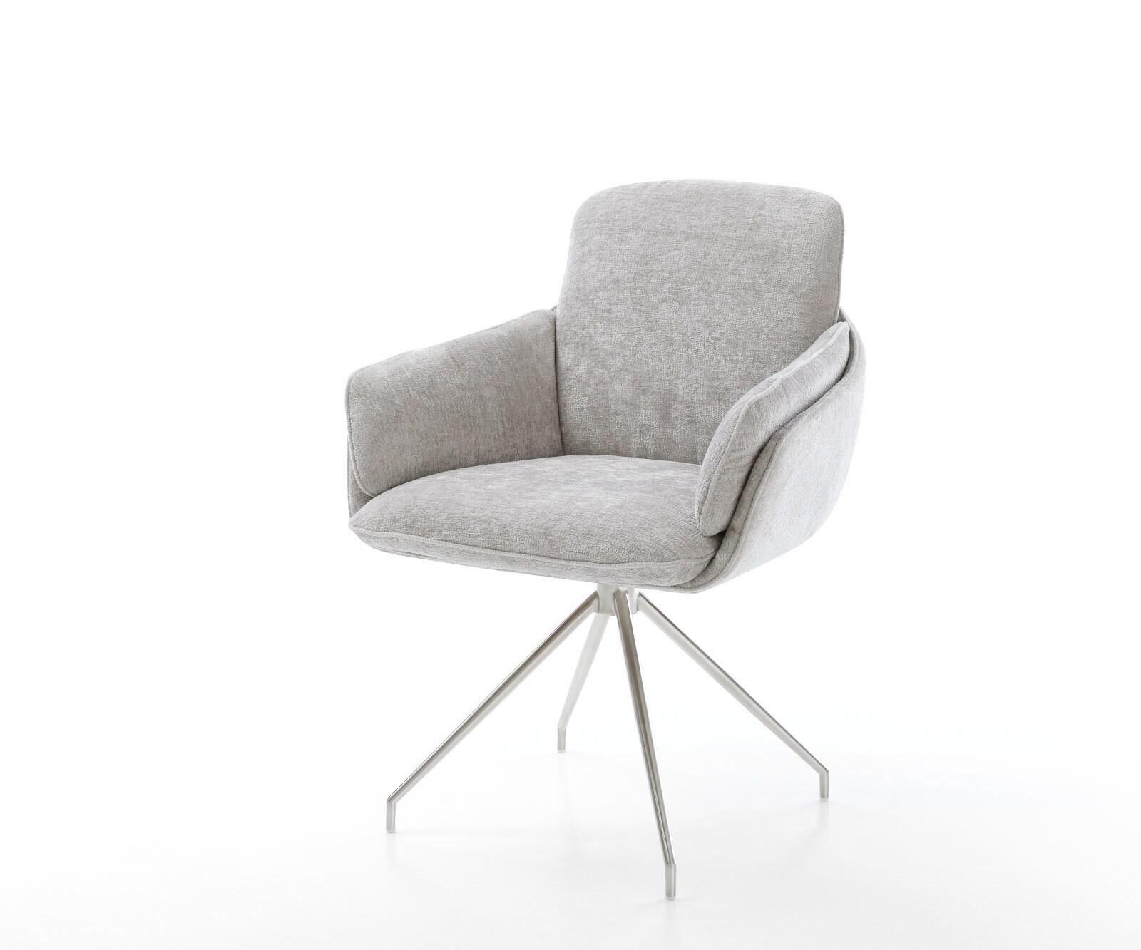 Chaise-pivotante Luan-Flex avec accoudoirs chenille gris argenté pied croisé conique acier inoxydable brossé pivotement sur 180°