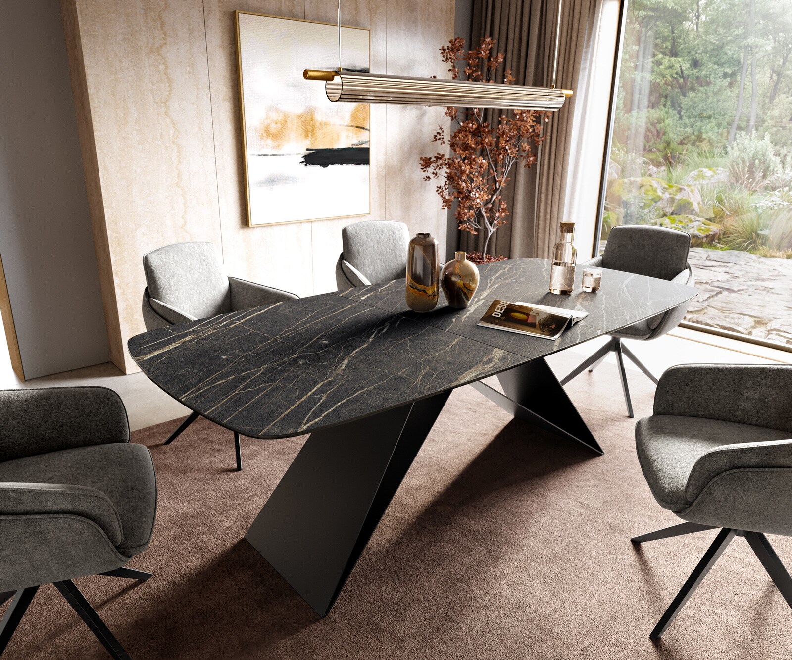 Table à manger Edge Boot 180-220x100 cm Laminam® Céramique Noir Desir Braun piètement en V Flachstahl Noir extensible 1
