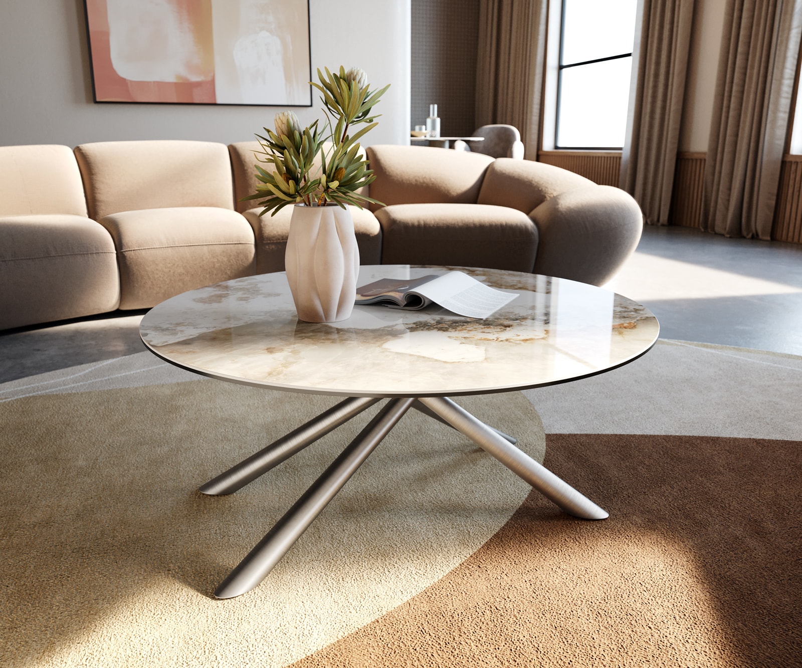 Table basse Edge rond 90x90 cm céramique Minas Melange Sarity acier inoxydable brossé 1