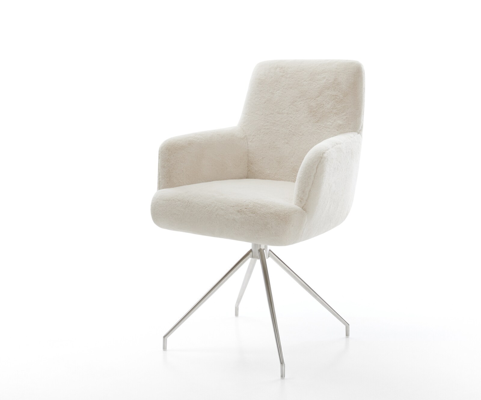 Chaise-de-salle-à-manger Heira-Flex avec accoudoirs peluche crème-blanc pied croisé conique acier inoxydable resorts ensachés 1