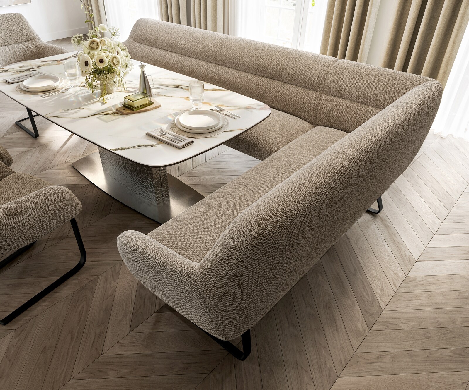 Banc-de-salle-à-manger Taya-Flex 285x190 cm bouclé boue châssis à patins plat noir ressort ensaché liens 4