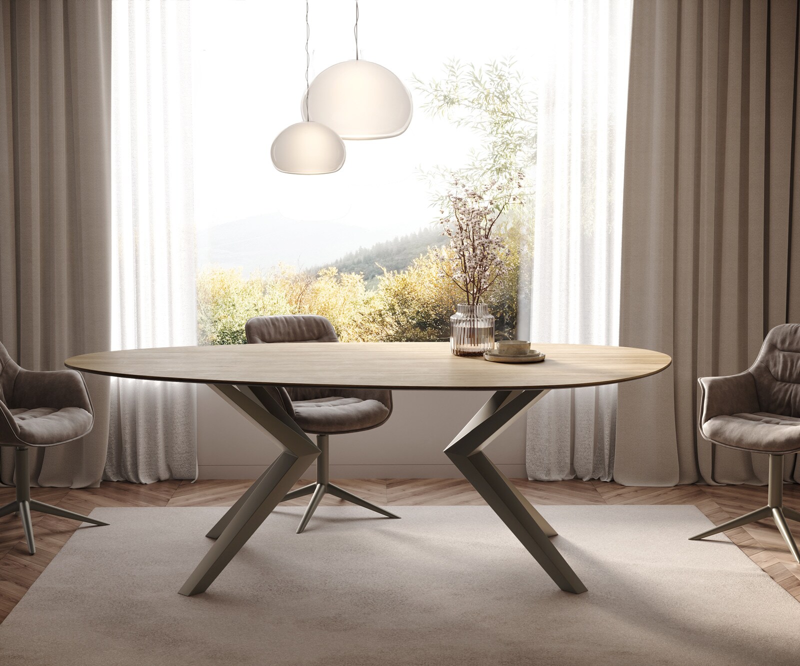 Table à manger Edge Ovale 220x120 Céramique Laminam® Sabbia Couleur chêne Zenthara anguleux Métal finition à effet Titane 2