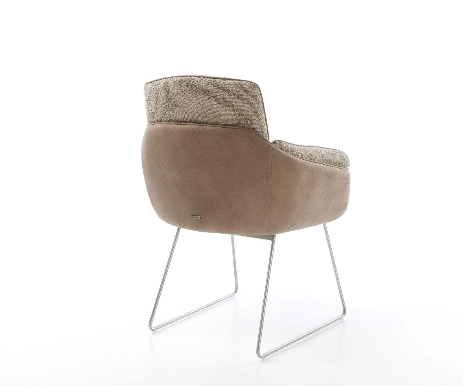 Chaise-de-salle-à-manger Luan-Flex avec accoudoirs tissu mixte couleur boue pied trapèze acier inoxydable brossé 3 Chaise-de-salle-à-manger Luan-Flex avec accoudoirs tissu mixte couleur boue pied trapèze acier inoxydable brossé 3