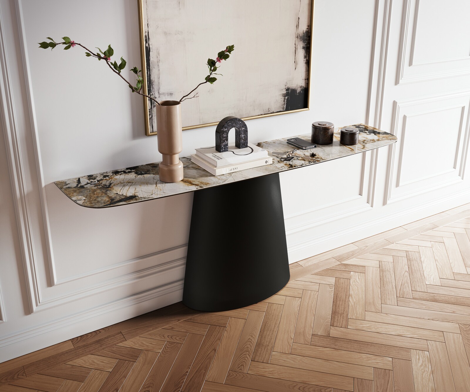Console Edge forme bateau 180x40 cm Céramique Patagonia Poliert Conos Métal Noir 1