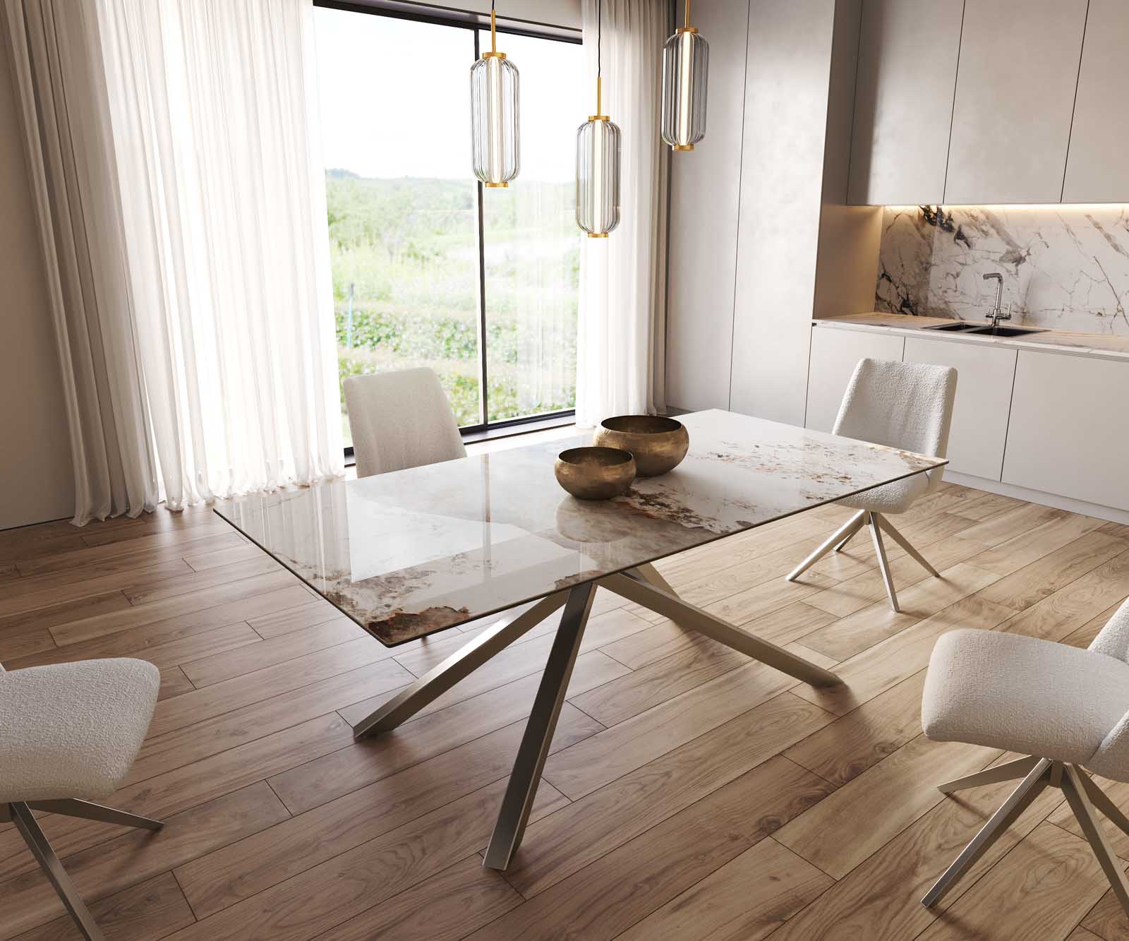 Table à manger Edge 200x100 céramique Minas mélange blanc-beige cadre croisé rectangulaire acier inoxydable Table à manger Edge 200x100 céramique Minas mélange blanc-beige cadre croisé rectangulaire acier inoxydable