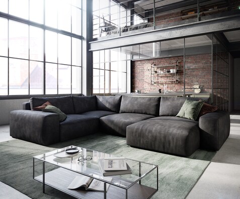 Grand canapé d’angle Lanzo 300x210 cm similicuir vintage anthracite méridienne réversible