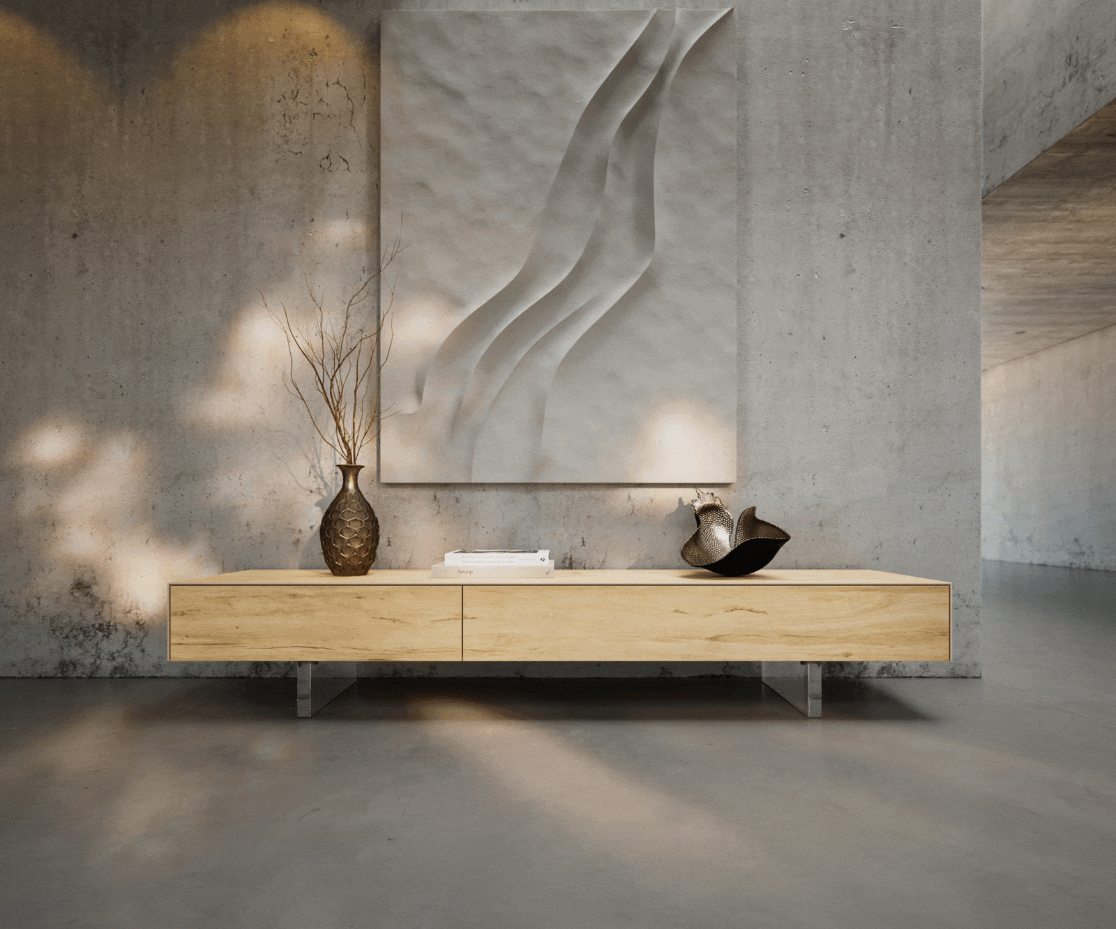 Meuble-TV Cuor 200 cm Céramique Laminam® Sabbia Teinte chêne 1 Clapet 1 Tiroir Pied optique flottant Verre acrylique 1