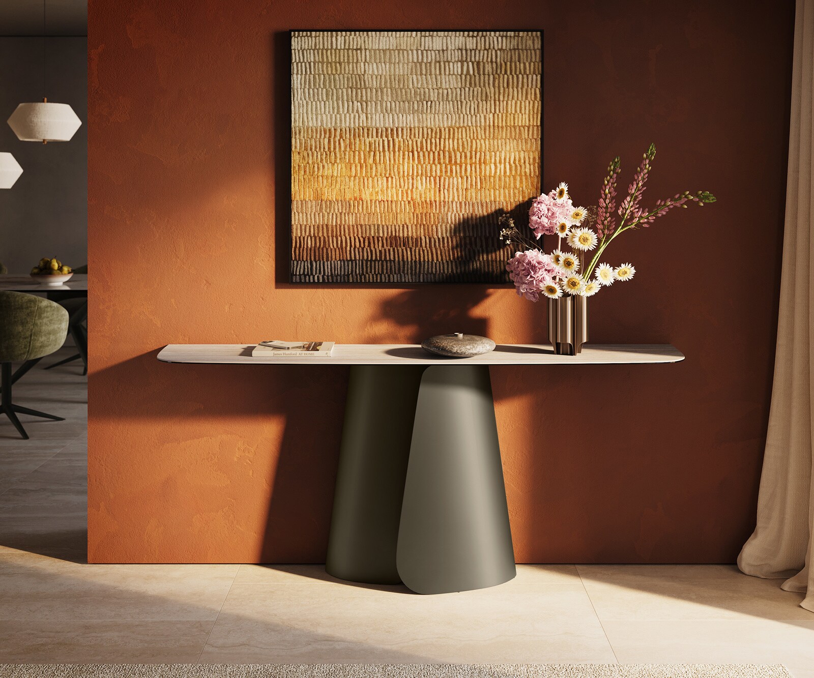 Console Edge forme bateau 180x40 cm Céramique Laminam® Travertino Bianco Creme-Weiß Livos Métal Effektfinish Titan