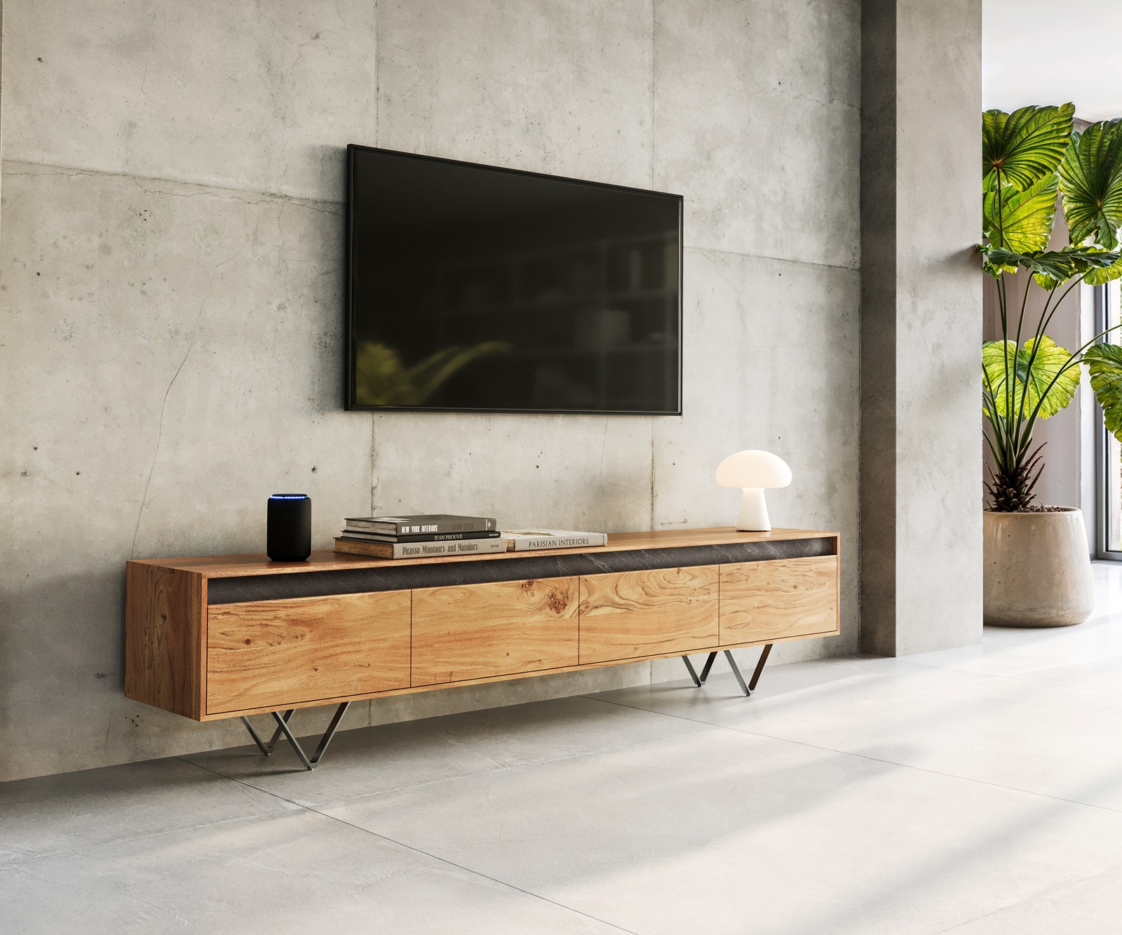 Meuble-TV Stonegrace 200 cm acacia nature 4 tiroirs Meuble-TV Stonegrace 200 cm acacia nature 4 tiroirs