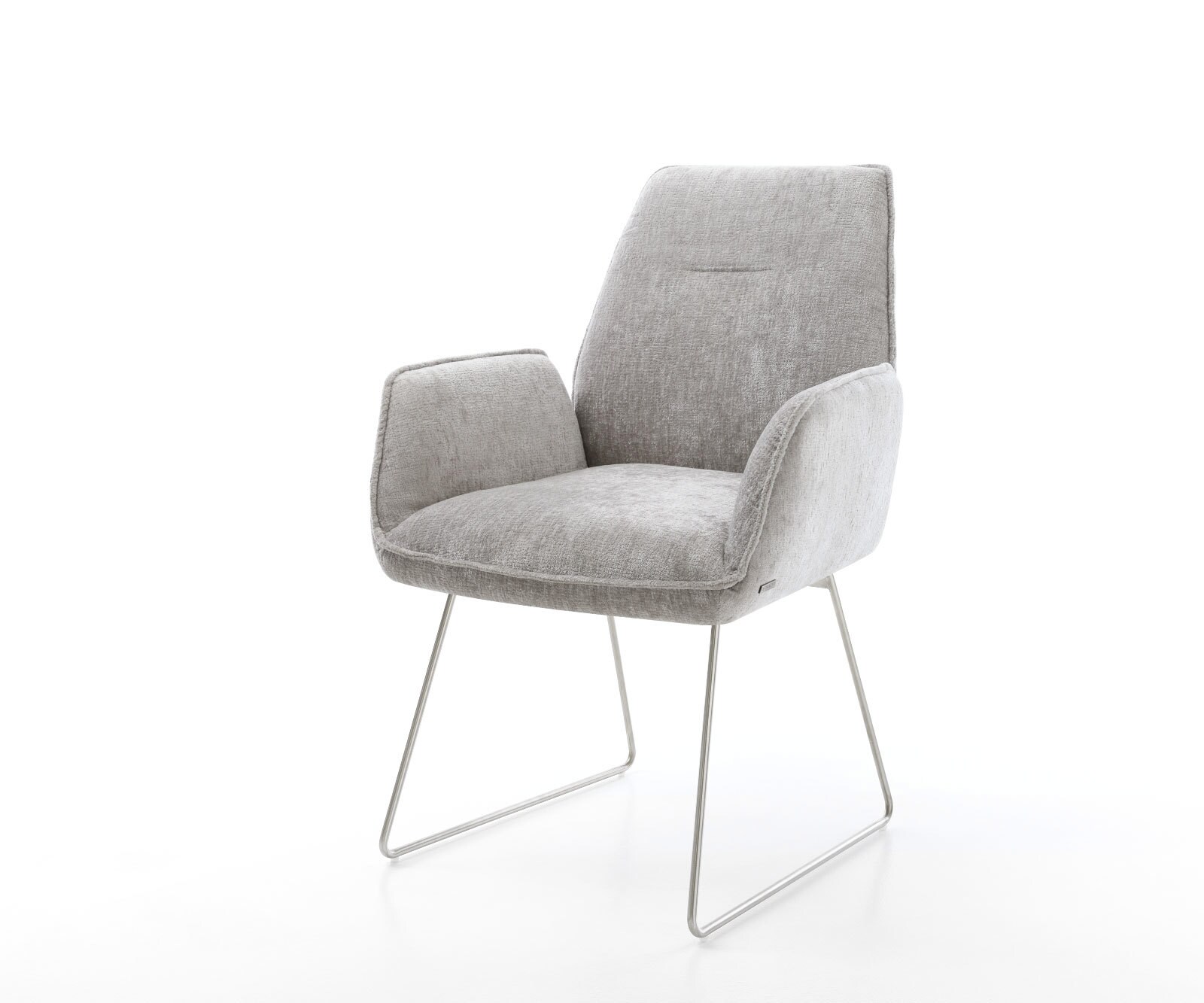 Chaise-de-salle-à-manger Zoa-Flex chenille gris argenté pied trapèze acier inoxydable brossé ressorts ensachés