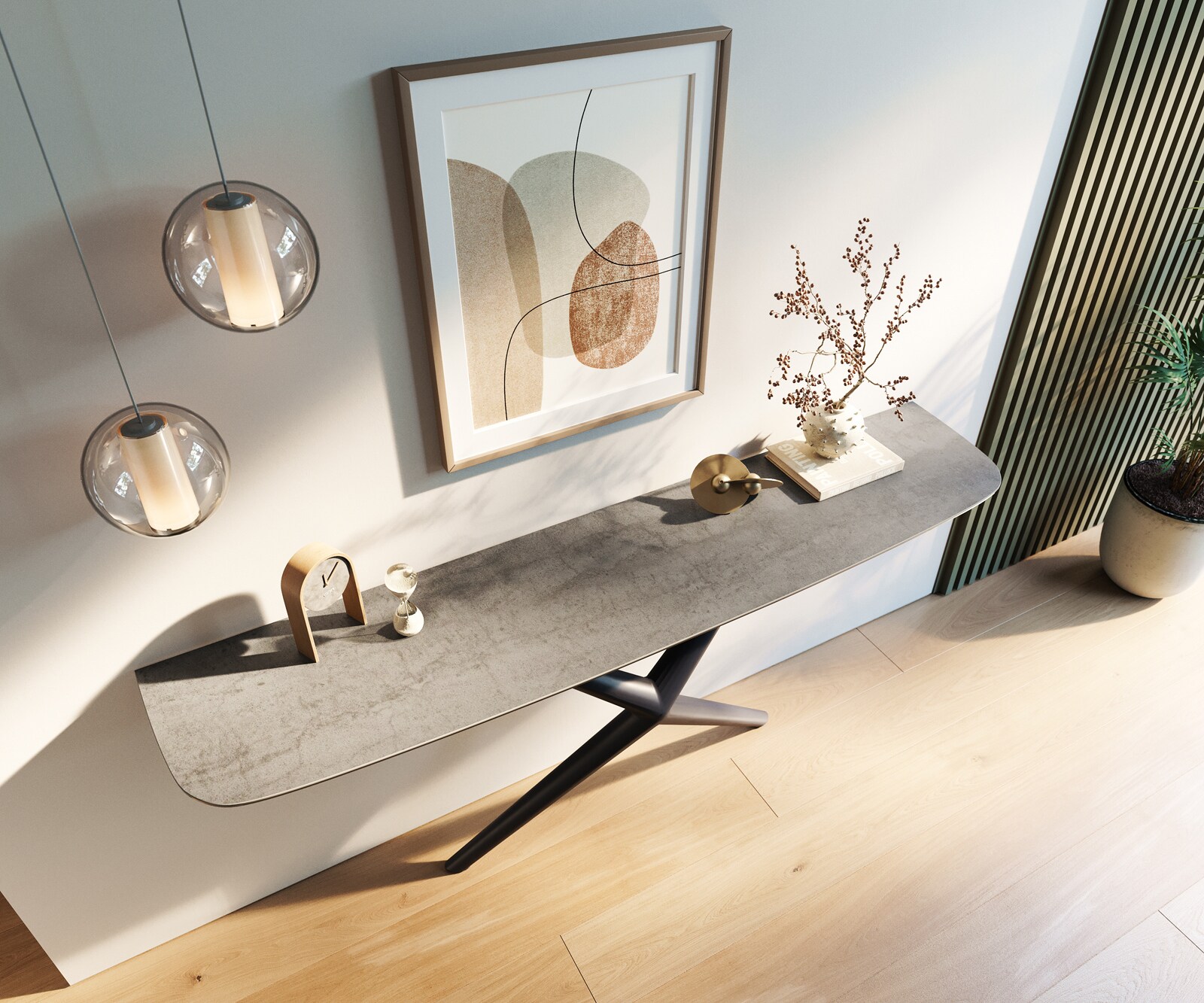 Console Edge forme bateau 180x40 cm Céramique Gris béton Estelo Métal Noir 4