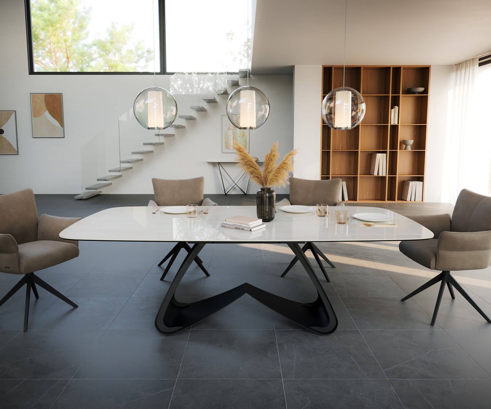 Table à manger Edge Boot 240x120 cm Céramique Onyx Champagne piètement en W Métal Noir 2