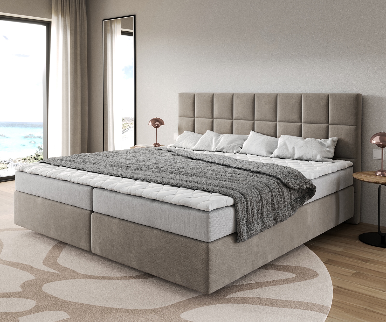 Lit-à-sommier-tapissier Dream-Fine Microfibre Beige 200x200 cm Matelas Bonell Surmatelas PU 1