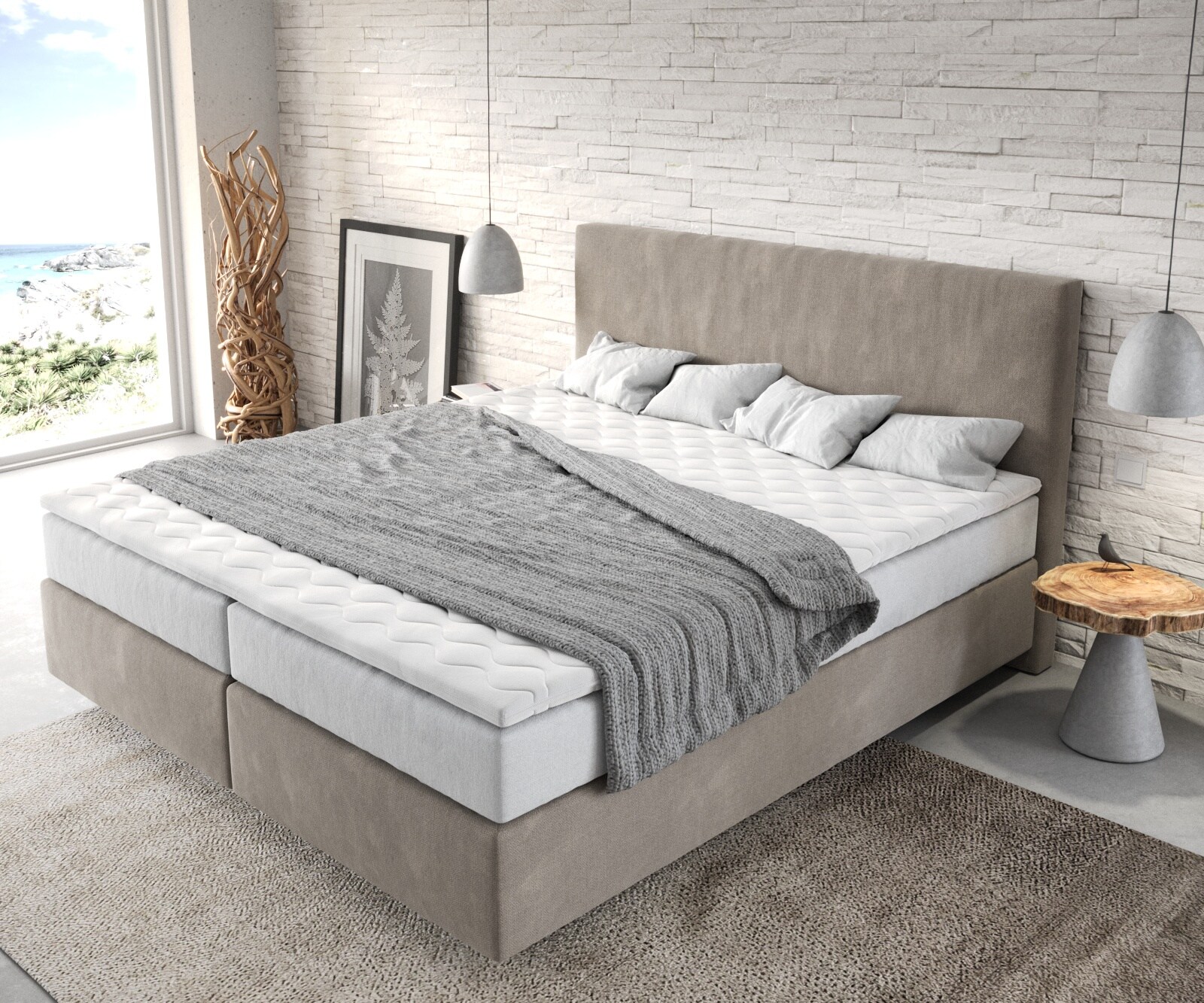 Lit-à-sommier-tapissier Dream-Well 180x200 cm microfibre beige avec matelas TFK et surmatelas viscoélastique 3