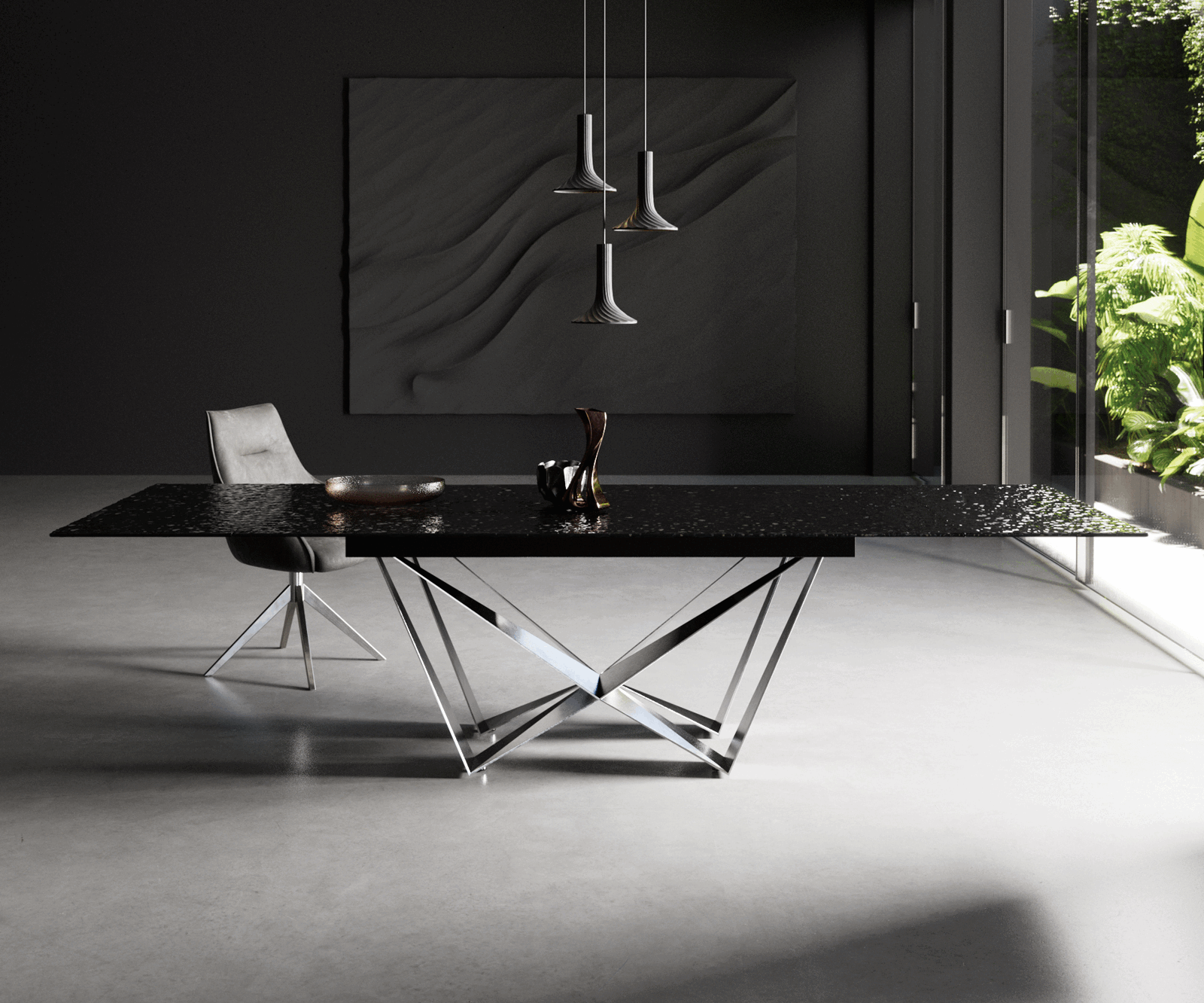 Table à manger Edge 200-300x100 verre fondu noir fumé relief en 3D Spider acier plat acier inoxydable extensible 1