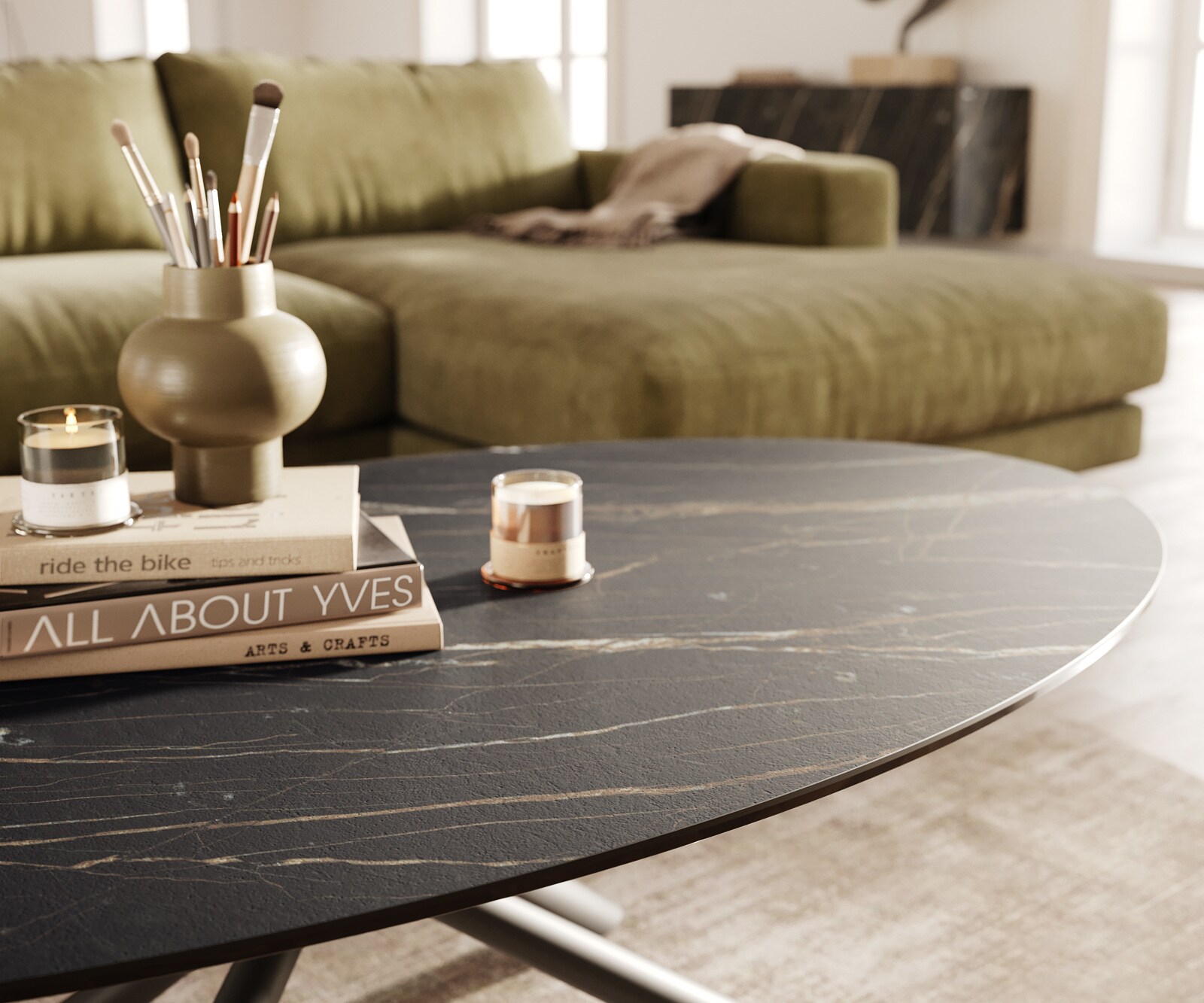 Table basse Edge Oval 140x80 cm céramique Laminam® Noir Desir brun Sarity métal noir 5