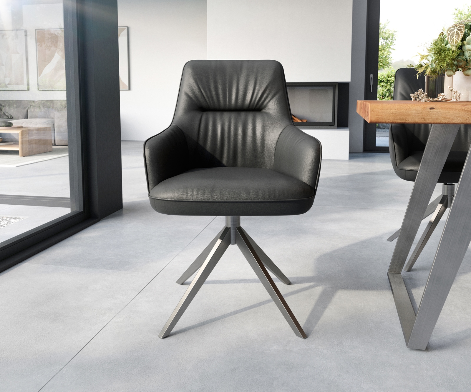 Chaise-de-salle-à-manger Zelia-Flex avec accoudoirs cuir de vache noir pied croisé large acier inoxydable brossé ressorts ensachés 2