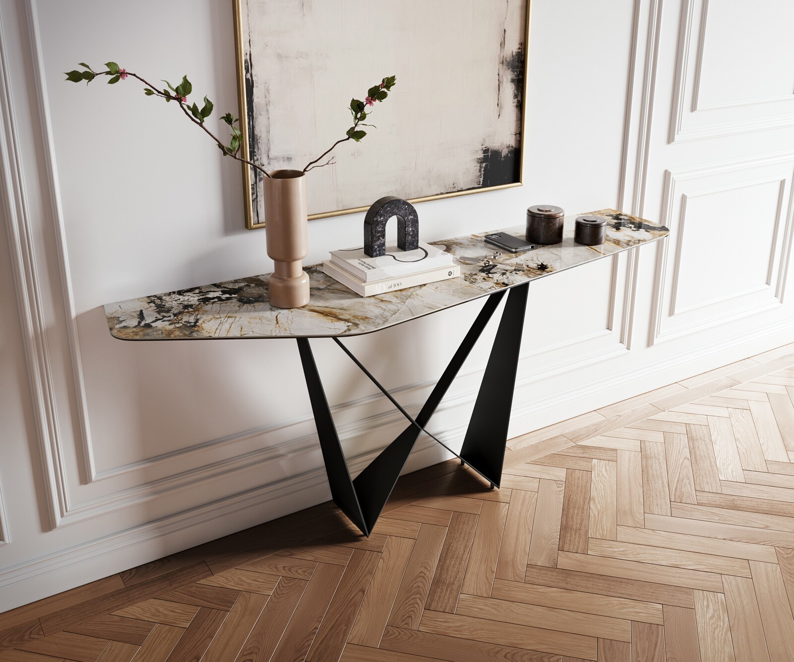 Console Edge Polygonal 180x50 cm Céramique Patagonia Poliert Spios Métal Noir