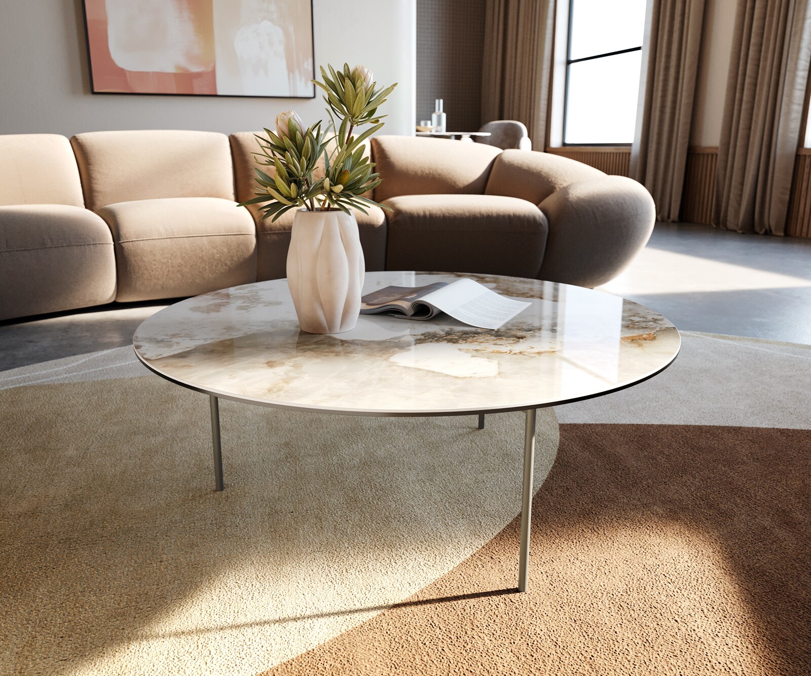 Table basse Edge rond 90x90 cm céramique Minas Melange Trive Metall finition effet titane 1