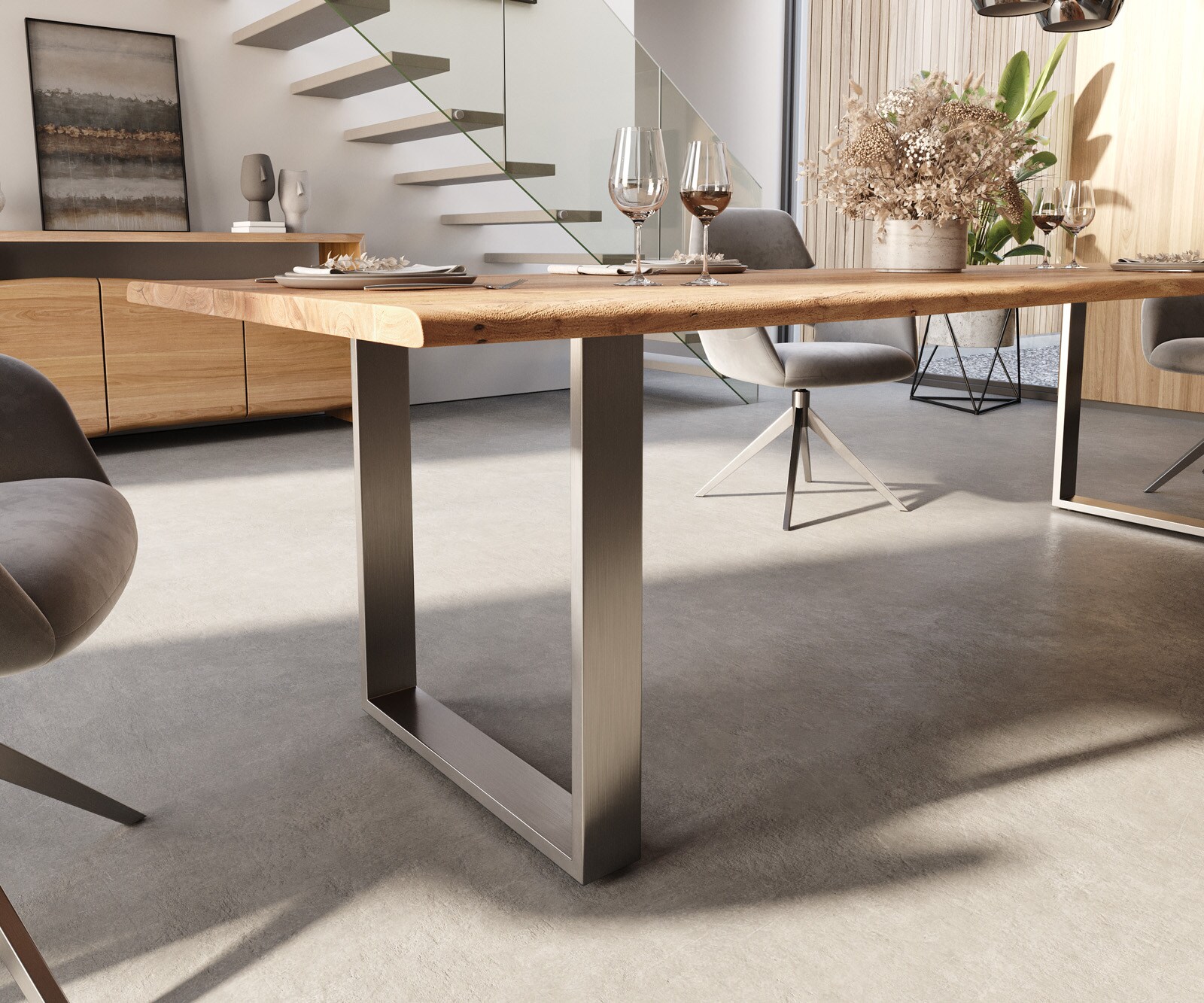 Table-à-manger Edge 300x100 acacia nature acier inoxydable mince Live-Edge 5