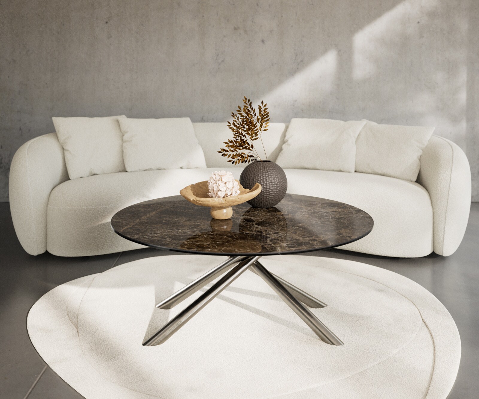 Table basse Edge rond 100x100 cm céramique Laminam® Emperador Extra Lucidato brun foncé Sarity acier inoxydable brossé 1