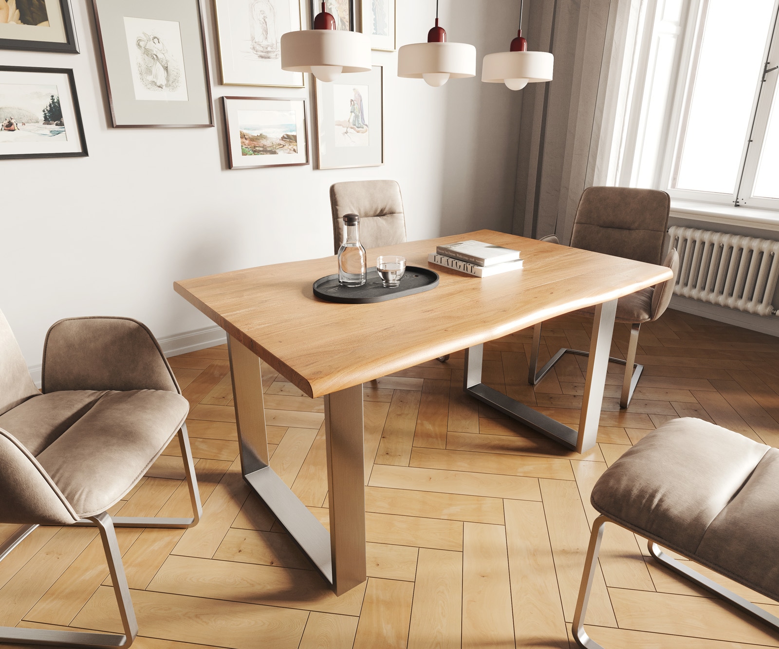 Table-à-manger Edge 140x90 acacia nature acier inoxydable mince Live-Edge Table-à-manger Edge 140x90 acacia nature acier inoxydable mince Live-Edge