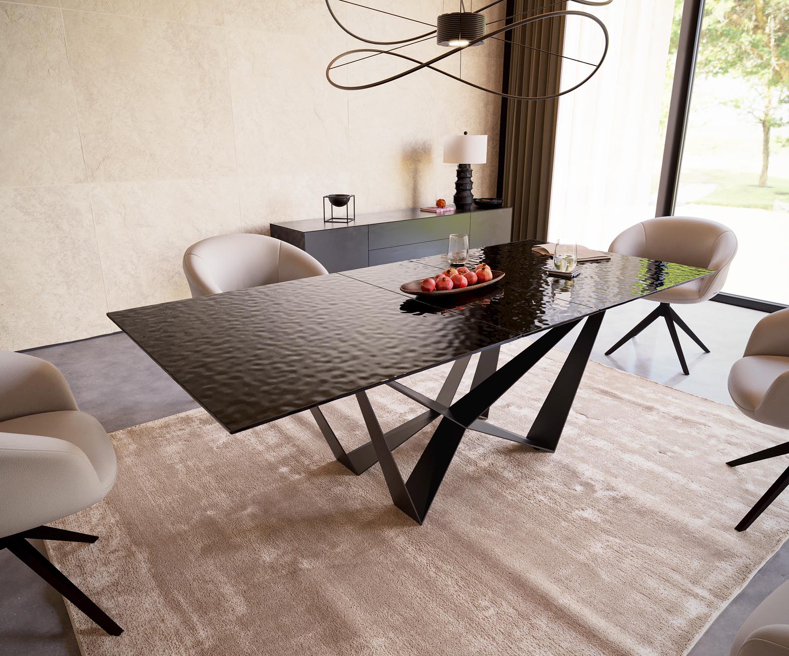 Table à manger Edge 180-220x100 verre fondu noir fumé relief en 3D Spider acier plat noir extensible Table à manger Edge 180-220x100 verre fondu noir fumé relief en 3D Spider acier plat noir extensible