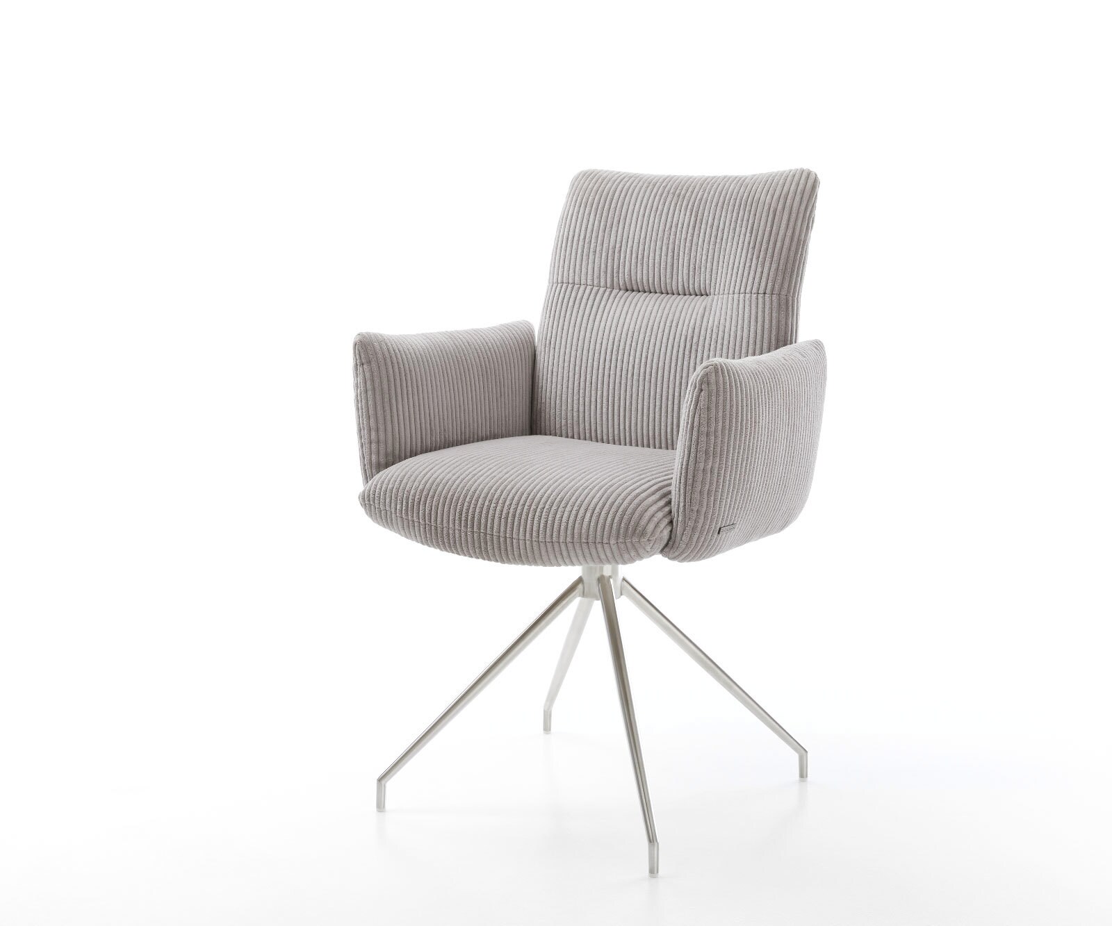 Chaise-pivotante Jova-Flex avec accoudoirs côtelé gris argenté pied croisé conique acier inoxydable brossé pivotement sur 180° ressorts ensachés 1