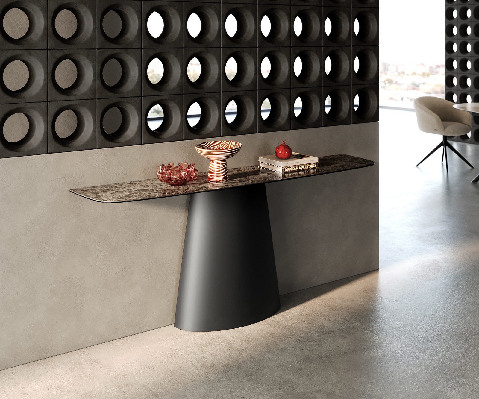 Console Edge forme bateau 180x40 cm Céramique Emperador Extra Lucidato Dunkelbraun Conos Métal Noir 1